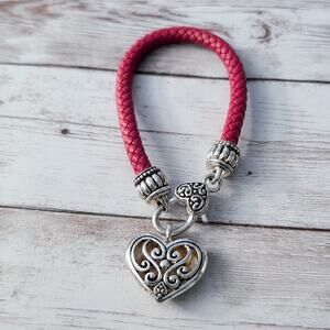 Red Bracelet with Silver Tone Heart Charm